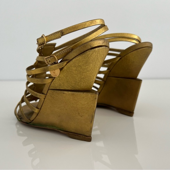 YVES SAINT LAURENT BRONZE GOLD GLADIATOR WEDGE SANDALS SIZE IT 37.5 / US 7.5 - Picture 13 of 17